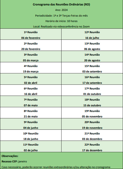 Cronograma das reuniões ordinárias
