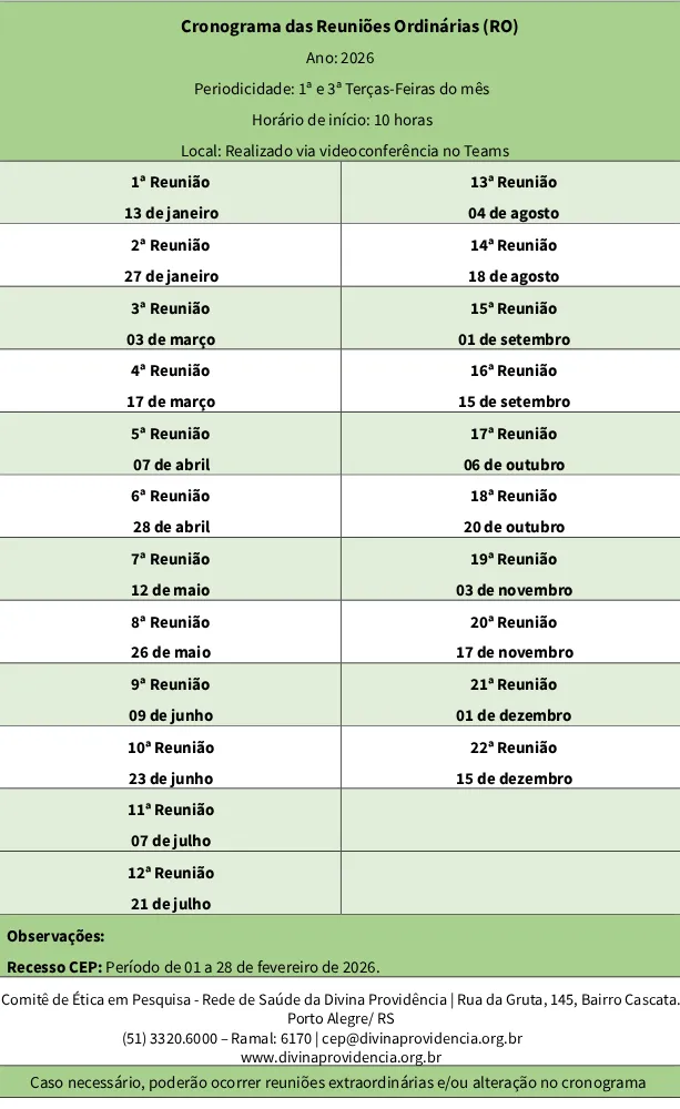 Cronograma das reuniões ordinárias